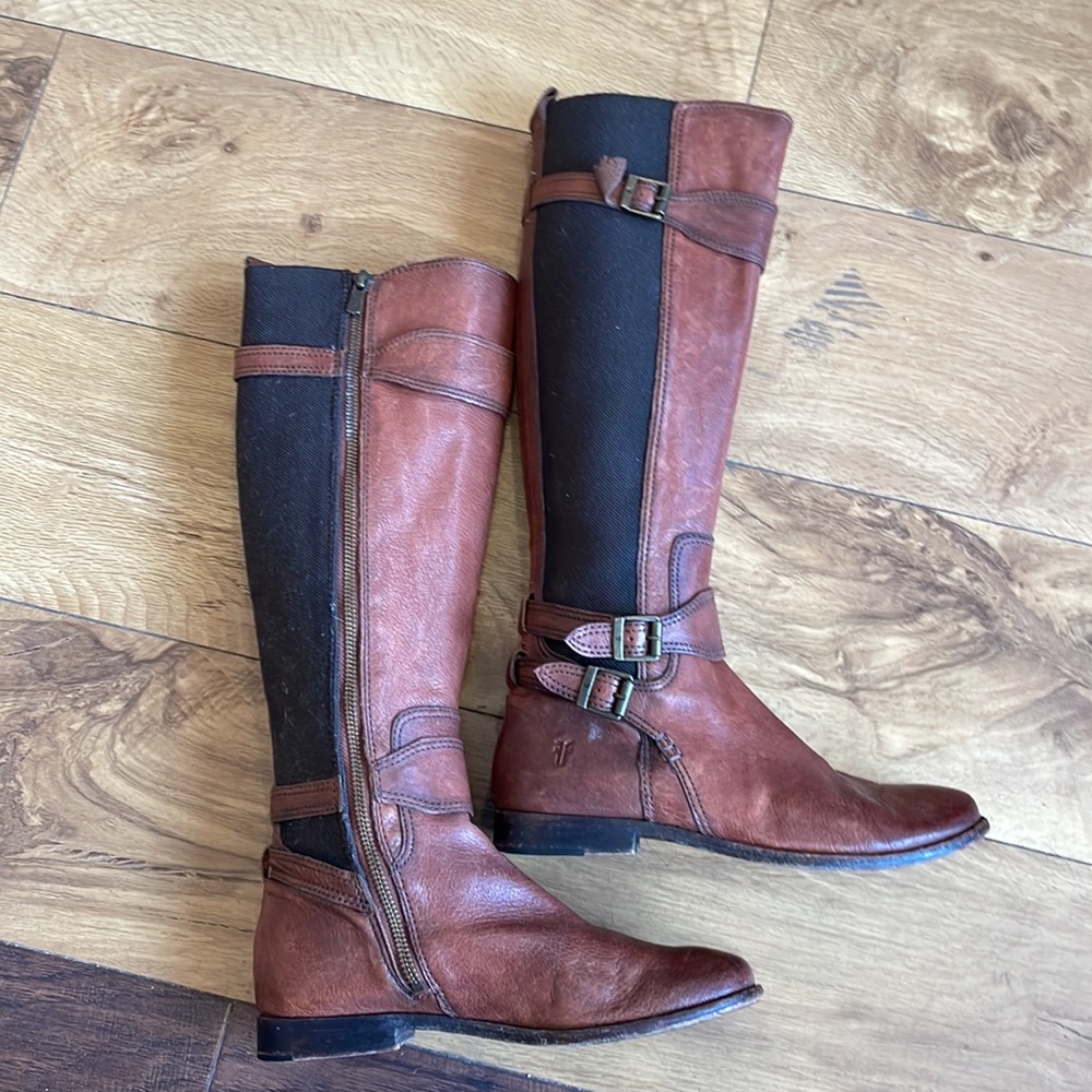 Frye redwood leather and brown stretch fabric riding boots.  Size 7 - Picture 2 of 4